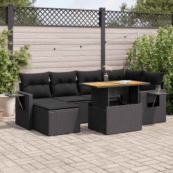 7 Pcs conjunto de sofás p/ jardim c/ almofadões vime PE preto