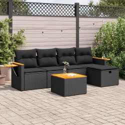6 Pcs conjunto sofás de jardim c/ almofadões vime PE preto