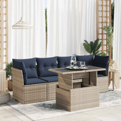5 Pcs conjunto sofás de jardim c/ almofadões acácia e vime PE