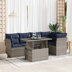 6 Pcs conjunto sofás jardim com almofadões PE/acácia cinzento