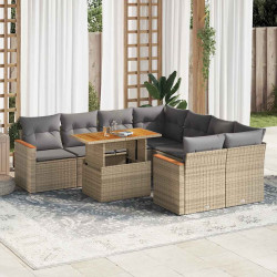 9 Pcs conjunto sofás jardim com almofadões vime PE/acácia bege