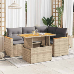 5 Pcs conj. sofás p/ jardim c/ almofadões vime PE/acácia bege