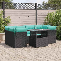 7 Pcs conjunto sofás jardim c/ almofadões vime PE/acácia preto