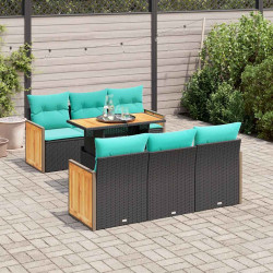 7 Pcs conjunto sofás jardim c/ almofadões vime PE/acácia preto