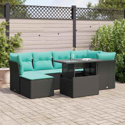 7 Pcs conjunto sofás jardim c/ almofadões vime PE/acácia preto