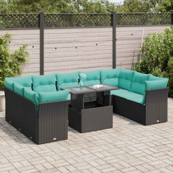 10 Pcs conjunto sofás jardim c/ almofadões vime PE/acácia preto