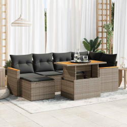 7 Pcs conjunto sofás jardim almofadões vime PE/acácia cinzento