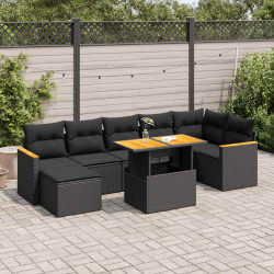 8 Pcs conjunto sofás jardim com almofadões vime PE/acácia preto
