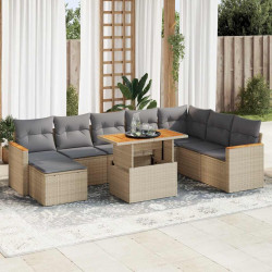 9 Pcs conjunto sofás jardim com almofadões vime PE/acácia bege