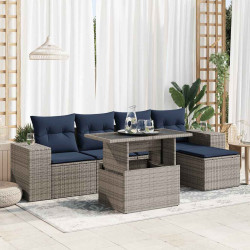 6 Pcs conjunto sofás jardim com almofadões PE/acácia cinzento