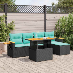 6 Pcs conjunto sofás jardim c/ almofadões vime PE/acácia preto
