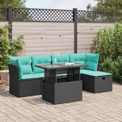 6 Pcs conjunto sofás jardim c/ almofadões vime PE/acácia preto