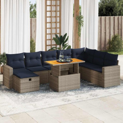 9 Pcs conjunto sofás jardim almofadões vime PE/acácia cinzento
