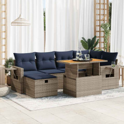7 Pcs conjunto sofás jardim c/ almofadões vime PE/acácia preto