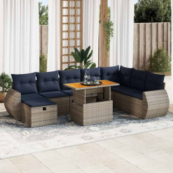 9 Pcs conjunto sofás p/ jardim almofadões vime PE/acácia cinzento