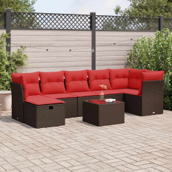 8 Pcs conjunto sofás de jardim c/ almofadões vime PE castanho