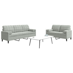 2 Pcs conjunto sofás com almofadões e rolos veludo cinza-claro