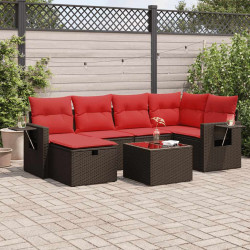 7 Pcs conjunto de sofás jardim c/ almofadões vime PE castanho