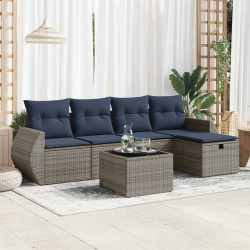 6 Pcs conjunto sofás de jardim com almofadões vime cinzento