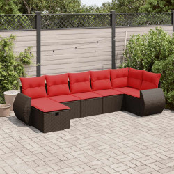 7 Pcs conjunto de sofás jardim c/ almofadões vime PE castanho