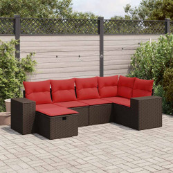6 Pcs conjunto de sofás jardim c/ almofadões vime PE castanho