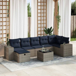 8 Pcs conjunto sofás de jardim c/ almofadões vime PE cinzento