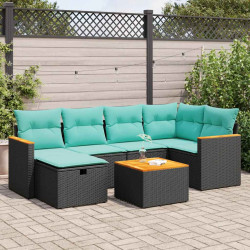 7 Pcs conjunto de sofás p/ jardim c/ almofadões vime PE preto