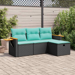 4 Pcs conjunto de sofás para jardim c/ almofadões vime PE preto