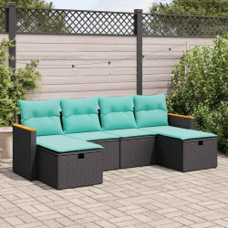 6 Pcs conjunto sofás de jardim c/ almofadões vime PE preto