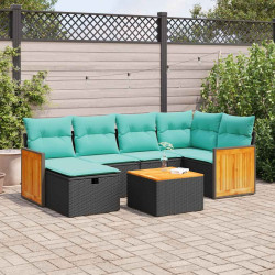 7 Pcs conjunto de sofás p/ jardim c/ almofadões vime PE preto