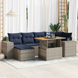 7 Pcs conjunto sofás p/ jardim c/ almofadões vime PE cinzento