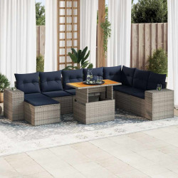 9 Pcs conjunto sofás p/ jardim com almofadões vime PE cinzento