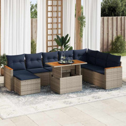 9 Pcs conjunto sofás p/ jardim com almofadões vime PE cinzento