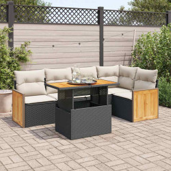 6 Pcs conjunto sofás jardim c/ almofadões vime PE/acácia preto