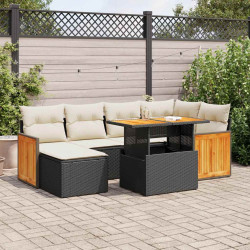 7 Pcs conjunto sofás jardim c/ almofadões vime PE/acácia preto