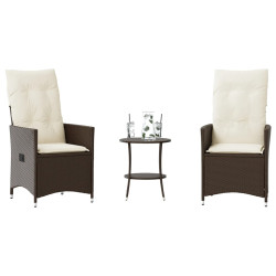 3 Pcs conjunto bistrô com almofadões vime PE castanho