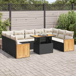 10 Pcs conjunto sofás jardim c/ almofadões vime PE/acácia preto