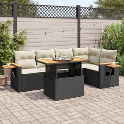 6 Pcs conjunto sofás jardim c/ almofadões vime PE/acácia preto