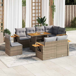 9 Pcs conjunto sofás jardim com almofadões vime PE/acácia bege