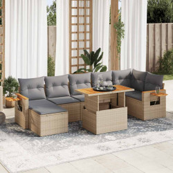 8 Pcs conjunto sofás jardim com almofadões vime PE/acácia bege