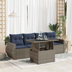 5 Pcs conjunto sofás de jardim c/ almofadões acácia e vime PE