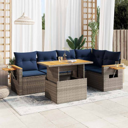 6 Pcs conjunto sofás jardim com almofadões PE/acácia cinzento