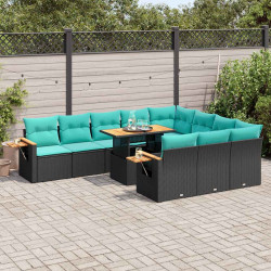 11 Pcs conjunto sofás jardim c/ almofadões vime PE/acácia preto