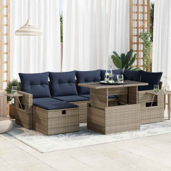 7 Pcs conj. sofás jardim c/ almofadões vime PE/acácia cinzento