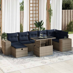 8 Pcs conj. sofás jardim c/ almofadões vime PE/acácia castanho