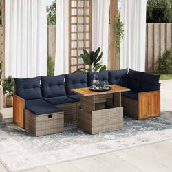 8 Pcs conj. sofás jardim c/ almofadões vime PE/acácia cinzento