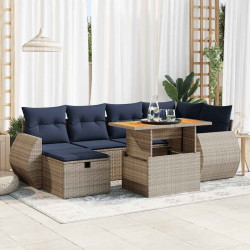 7 Pcs conj. sofás jardim c/ almofadões vime PE/acácia castanho