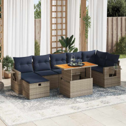 8 Pcs conj. sofás jardim c/ almofadões vime PE/acácia castanho