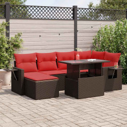 7 Pcs conj. sofás jardim c/ almofadões vime PE/acácia castanho