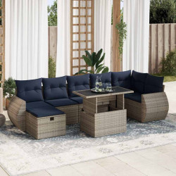 8 Pcs conj. sofás jardim c/ almofadões vime PE/acácia cinzento